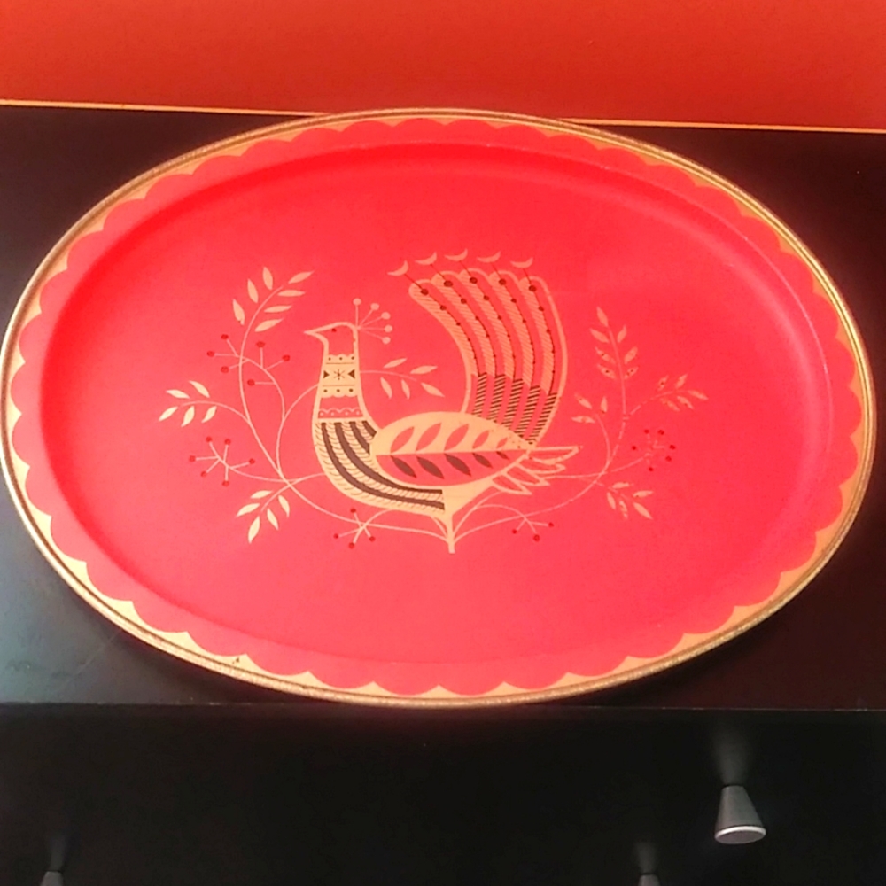 1 Vintage MCM Maxey peacock Red Aluminum Christmas tray bird Peacock Oval